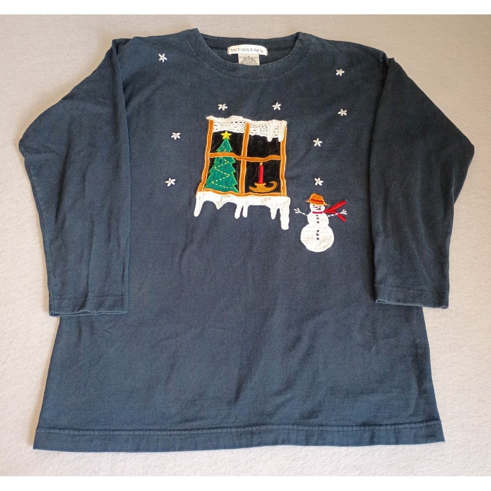 Victoria Jones CHRISTMAS Shirt Sz M Snowman Tree Beaded Velvet Lace Grandmacore